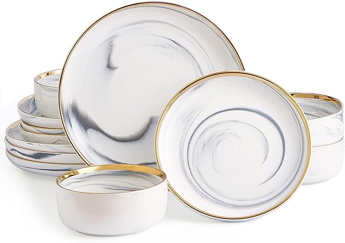 Marble Gold Rim Dinnerware Sets Porcelain Plates and Bowls Sets Modern Luxury Dish Set for 4 White Grey China Dinner Set for Special Occasions Hand Wash Quickly