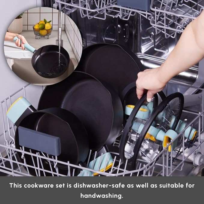 KARACA Fancy Ceramic Cookware Sets Black Kitchen Pots &amp Pans Set Non Stick with Lid Swiss Crystal Surface Induction Cooking Utensils 7-Piece Dishwasher Safe