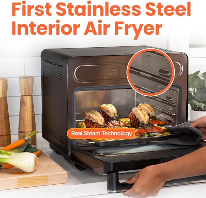 Nutricook Steami 24L Steam Air Fryer Oven – 11-in-1 Convection Countertop Multi-Cooker with Real Steam Tech Air Fry Bake Roast Dehydrate Sterilize Stainless Steel Interior – 1600W