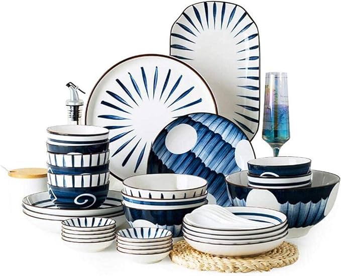 Pottery TablewareBlue Printed Ceramic Dinnerware Sets Porcelain Combi-Set Dinner Plates Dessert Plates Cereal Bowls Salad Bowls