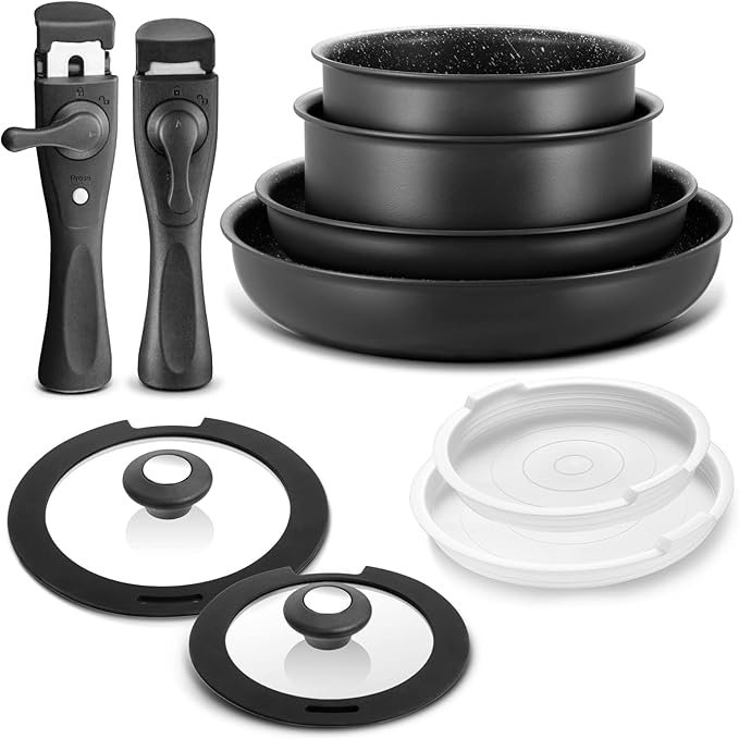 BEZIA Induction Cookware Set 10 Pieces Nonstick Pots and Pans Set with Removable Handles for All Hobs Stackable Design Dishwasher/Oven Safe PFAS Free