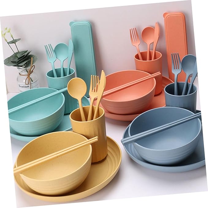 PRETYZOOM 4Sets Portable Wheat Straw Tableware Creative Kitchen Supplies for Rice Soup and Salad Microwave Safe Dinnerware Set with Bowls Plates and Cutlery for Home
