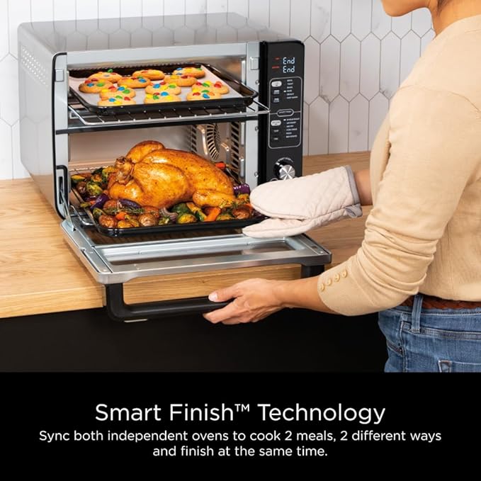 Ninja DCT401 12-in-1 Double Oven with FlexDoor FlavorSeal &amp Smart Finish Rapid Top Convection and Air Fry Bottom  Bake Roast Toast Air Fry Pizza and More Stainless Steel