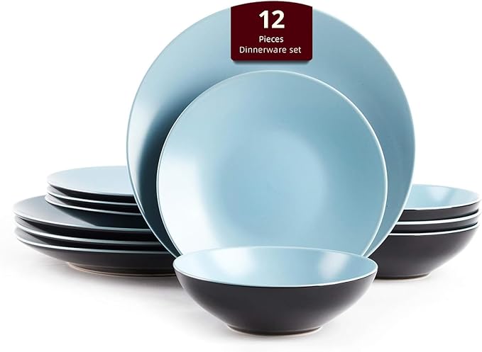 Colors Life Dinnerware SetOutside Shinny Black + Inside Matte Finished Color (12pc Set Turquoise)