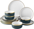 Porcelain Dinnerware Sets 12 Piece Luxury China Plates and Bowls Sets Green Dishes Set Gold Rim for Wedding Anniversary Birthday Modern Dinner Plates Set