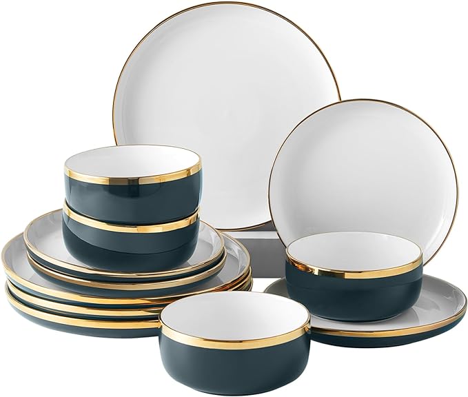 Porcelain Dinnerware Sets 12 Piece Luxury China Plates and Bowls Sets Green Dishes Set Gold Rim for Wedding Anniversary Birthday Modern Dinner Plates Set