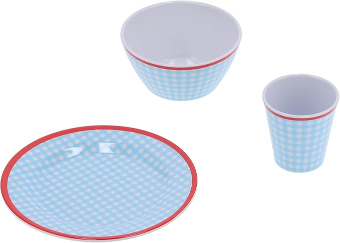 Blue Grid Dinnerware Set 12Pcs Melamine Tableware Set Durable and Anti Scald Cup Bowl Plate for Home Kitchen Restaurant Lightweight Elegant Grid Design with 260ml Cup 500ml Bowl