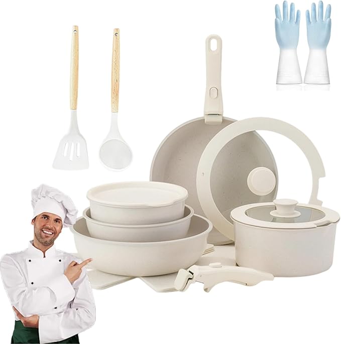 Cookware Set 5/11 Piece Utensils Cookware Set Removable Handle Pots and Pans Set Easily Clean Compatible With All Stovetops for Kitchen (Cream5 PCS)