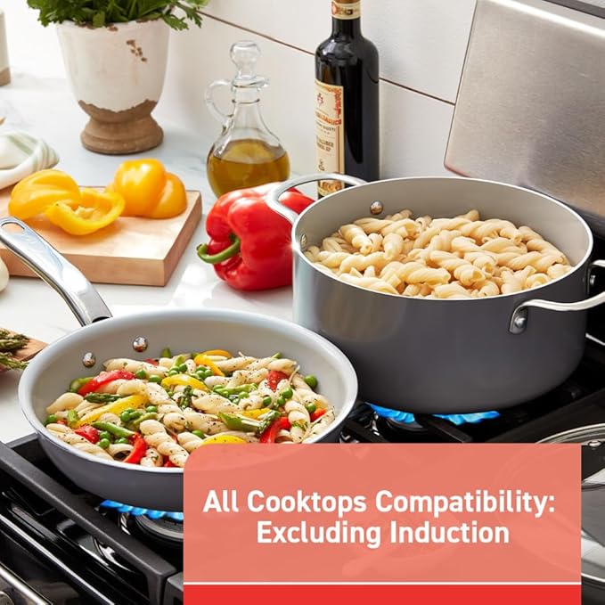 T-fal Fresh Gourmet Recycled Ceramic Non Stick Cookware Set 12 Piece Oven Broiler Safe 500F Lid Safe 350F Kitchen Cooking Set W/Fry Pans Saucepans Dutch Oven Utensils Pots and Pans Set Grey
