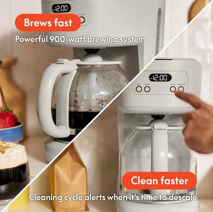 12-Cup Programmable Coffee Maker Oatmilk Color with LCD Display Anti-Drip Spout Glass Carafe One-Touch Operation Dishwasher-Safe Parts