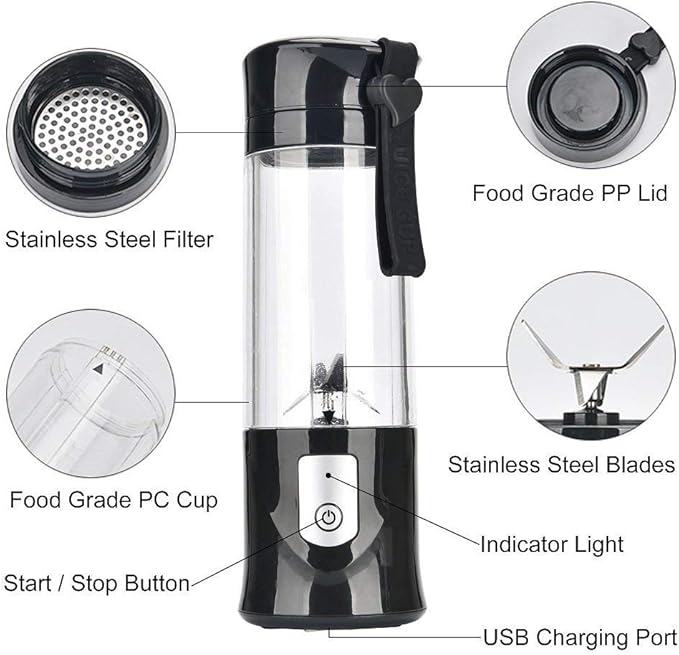 Portable BlenderToycol Mini Personal Size Blenders for Smoothies and ShakesUSB Travel Juicer Cup Fruit Juice Mixer with 6 Updated Bladesusb Blender 13.5Oz Bottle (Black)