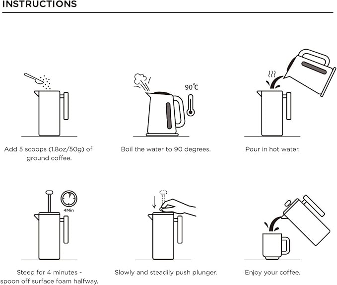 Stainless Steel French Press Coffee Maker - 1L / 34 oz / 8 Cups Double Walled Vacuum Insulated 4 Filter Screens Stainless Steel Construction