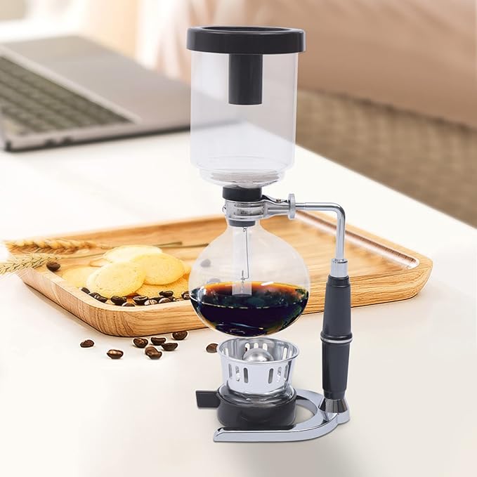 3-Cup Siphon Coffee Maker Japanese Style Glass Vacuum Pot with Alcohol Burner 360ml Tabletop Brewer for Premium Coffee &amp Tea Transparent Brewing Experience-Black