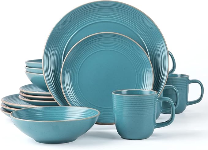 RINGAR Round Stoneware 16pc Dinnerware Set of 4 Dinner Plates Side Plates Cereal Bowls Mugs - Speckle Matte Turquoise (428693)