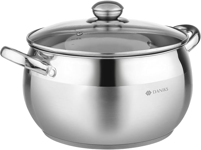 Daniks Classic 6.5 Quart Stainless Steel Stock Pot with Glass Lid Tri-Ply Bottom for Even Heating Induction Compatible Dishwasher Safe