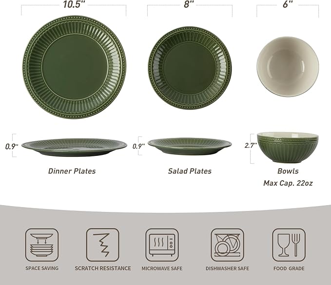 famiware 16 Pieces Plates and Bowls Dinnerware Sets for 4 Multicolor &amp Green
