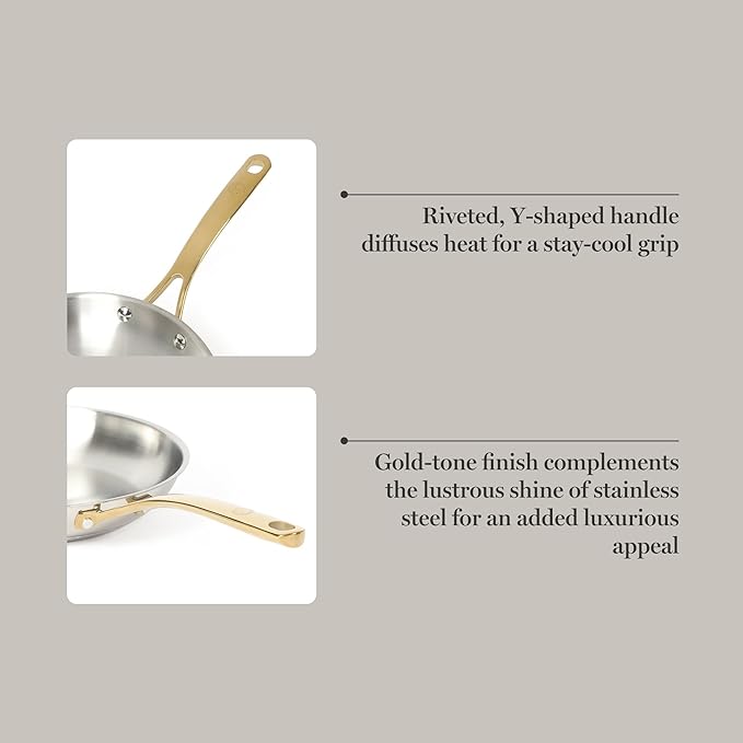 Martha Stewart Castelle 12-Inch Stainless Steel Frying Pan with Gold-Tone Handle – Tri-Ply Encapsulated Bottom Oven Safe &amp Induction Safe Skillet for Searing and Sautéing