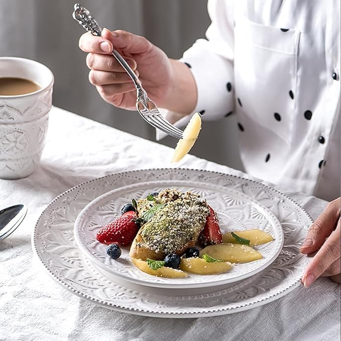 Ceramic Dinnerware Set 14 PCS Plates Set Dishes Set White Underglaze Dinner Sets - Retro Embossed Dinner Plate Soup Plate with Floral Pattern for Family Part