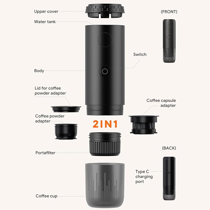 Irishom Electric Coffee Machine Capsule and Powder 2 in 1 Coffee Maker with 20 Bar Pressure 7800mAh Battery Rechargeable