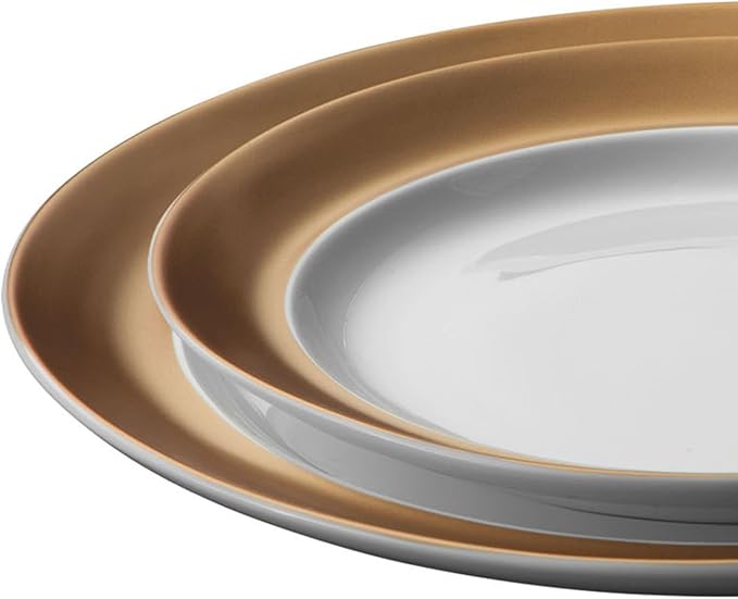 BergHOFF GEM Porcelain Set of 6pc Dinnerware Deep Plate Large &amp Small Plate Coffee Mug Tea Cup Saucer White &amp Gold Daily Serving Elegant Glossy Finish Dishwasher Safe