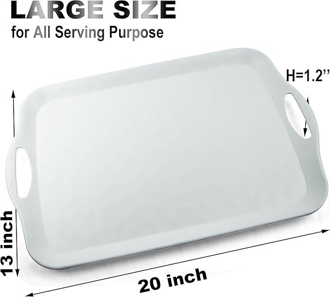 Extra Large Serving Tray with Handles 20x13 inch Set of 2 Melamine Platters for Serving Food Turkey Cookie Rectangular Trays for Eating Raised Dots Matt Finished Dishwasher Safe White