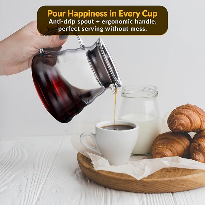 CASA BRAVA Glass Pour Over Coffee Maker Set – 28oz (850ml) Heat-Resistant Carafe with Stainless Steel Reusable Dripper Bamboo Stand &amp Measuring Spoon – Plastic-Free Drip Coffee Brewer