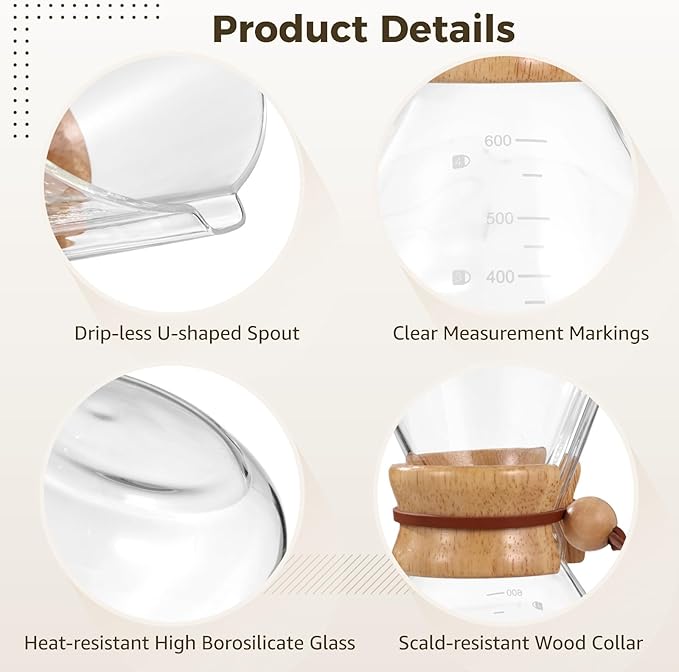 20 Oz Borosilicate Glass Pour Over Coffee Maker With Stainless Steel Filter Wood Collar Heat Resistant Carafe For Home Camping And Office Use