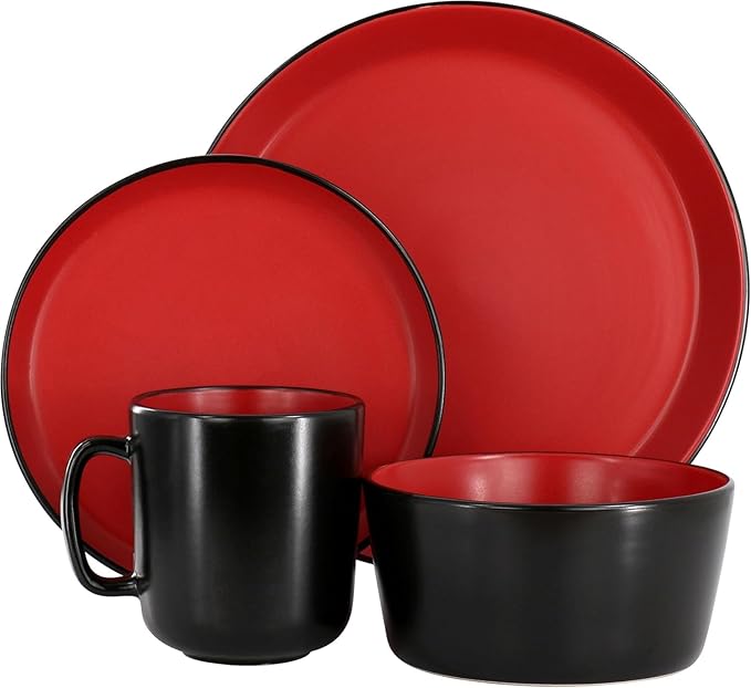 16 Piece Stoneware Dinnerware Set – Two-Tone Plates Bowls &amp Mugs for 4 Modern Matte Finish Microwave &amp Dishwasher Safe (Red)