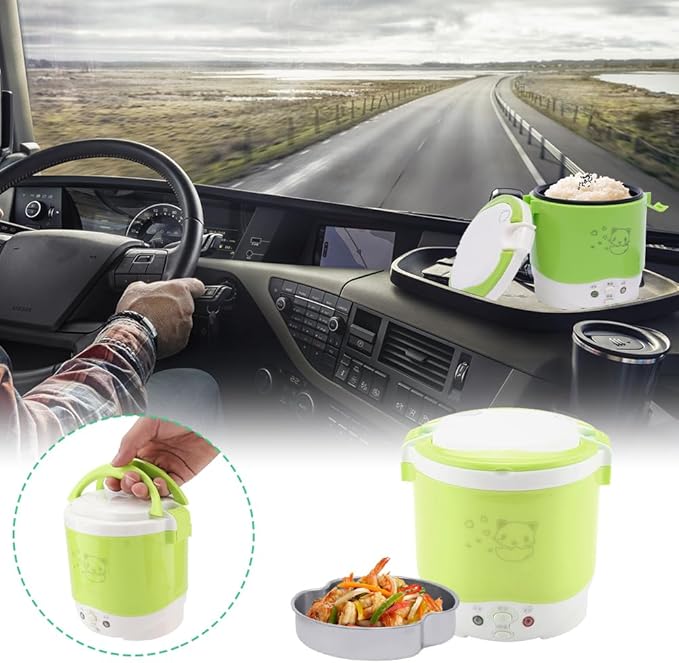 1L Mini Rice Cooker 12v Electric Lunch Box Portable Travel Rice Cooker for Car Multifunctional Electric Food Steamer for Travel Camping (green)