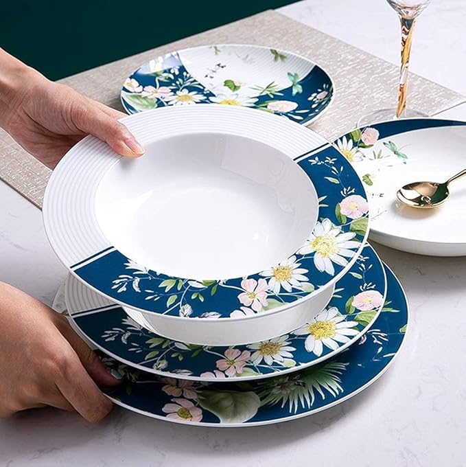 Ceramics Dinner Sets 46 Pieces Ceramics Dinner SetsBowl/Dish/Soup Pot/Spoon|Dinnerware Set Simple l Pattern Combination Tableware Set-Compatible with Gift Giving Banquet