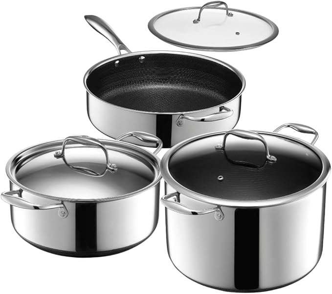 HexClad Hybrid Nonstick 6-Piece Cookware Set 5Qt Dutch Oven with Lid 5.5Qt Sauté Pan with Lid and 10Qt Stockpot with Lid Stay-Cool Handles Dishwasher and Oven-Safe Induction Ready