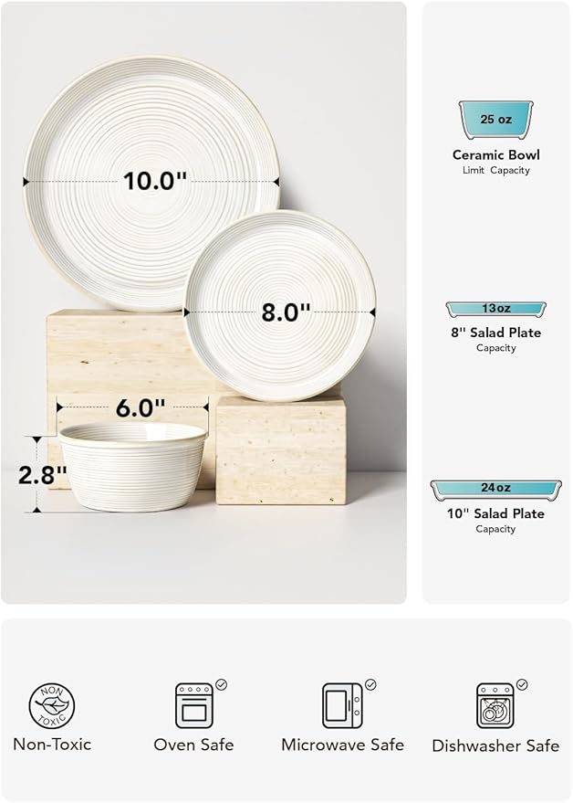 LE TAUCI Ceramic Plates and Bowls Set for 4 12-Piece Ceramic Dinnerware Set Farmhouse Dishes Set Microwave &amp Dishwasher Safe Stackable12-Piece Arctic White (10 Dinner+8 Salad Plates+6 Bow