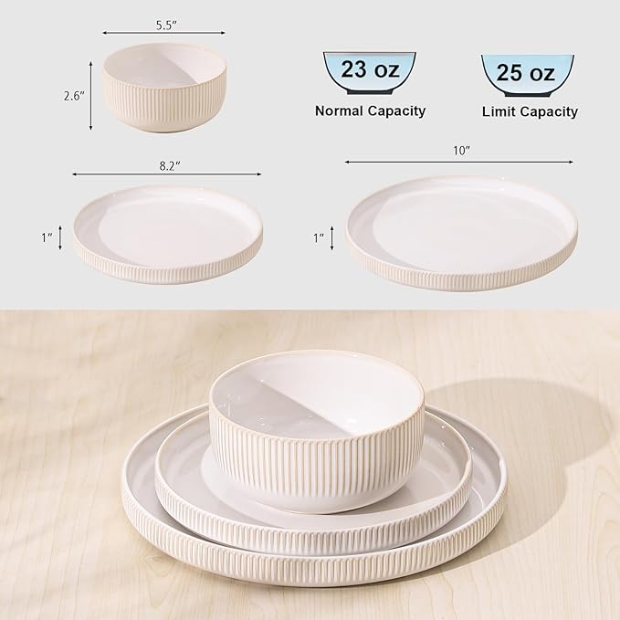 Frewinky Stoneware Dinnerware Sets for 412 Piece Kitchen Plates and Bowls SetReactive Glaze Porcelain Dinnerware Sets Scratch ResistantDishwasher and Microwave Safe Cappuccino White