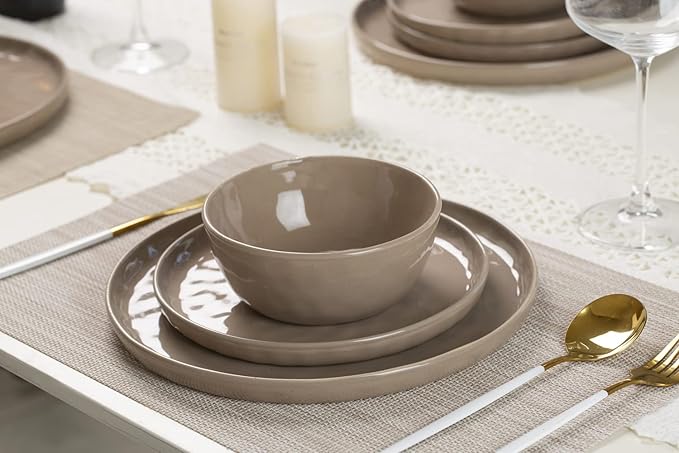 Famiware Mars Plates and Bowls Set of 12 and Milkyway Kitchen Utensil Holder for Countertop Set of 2 14 Pieces Dinnerware Sets Cinnamon Brown