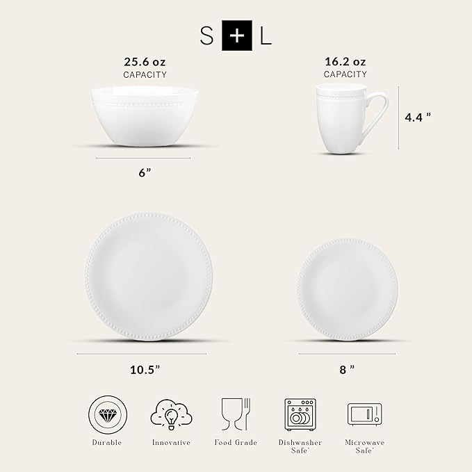 Stone lain Bone China Pinpoint Embossed 32 Piece Dinnerware Set White