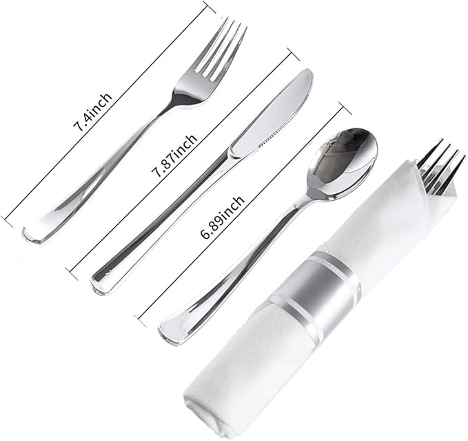 N9R 30 Pack Pre Rolled Silver Plastic Cutlery Set Wrapped Plastic Silverware Set with 30 Forks 30 Knives 30 Spoons and 30 Napkins Disposable Cutlery Set for Party and Wedding