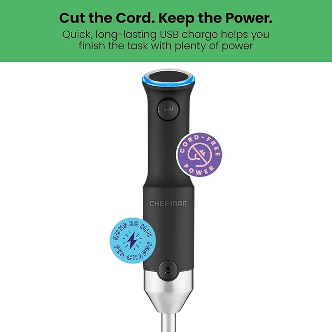Chefman Cordless Power Portable Immersion Blender Ice Crushing Power with One-Touch Speed Control USB Charging Quickly Mixes Smoothies Purees Soups Dips Sauces Storage Case Stainless Steel