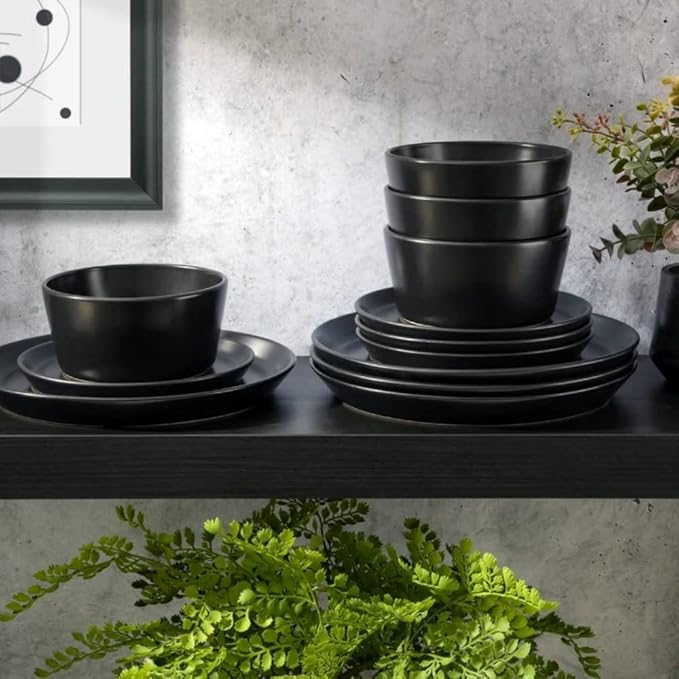 12 Piece Classy Black Dinnerware Sets Service For 4 | Dishwasher Microwave Oven Safe Stackable Chip &amp Scratch Resistant Contemporary Look Durable Stoneware Kitchen Bright Blackish Color Cool