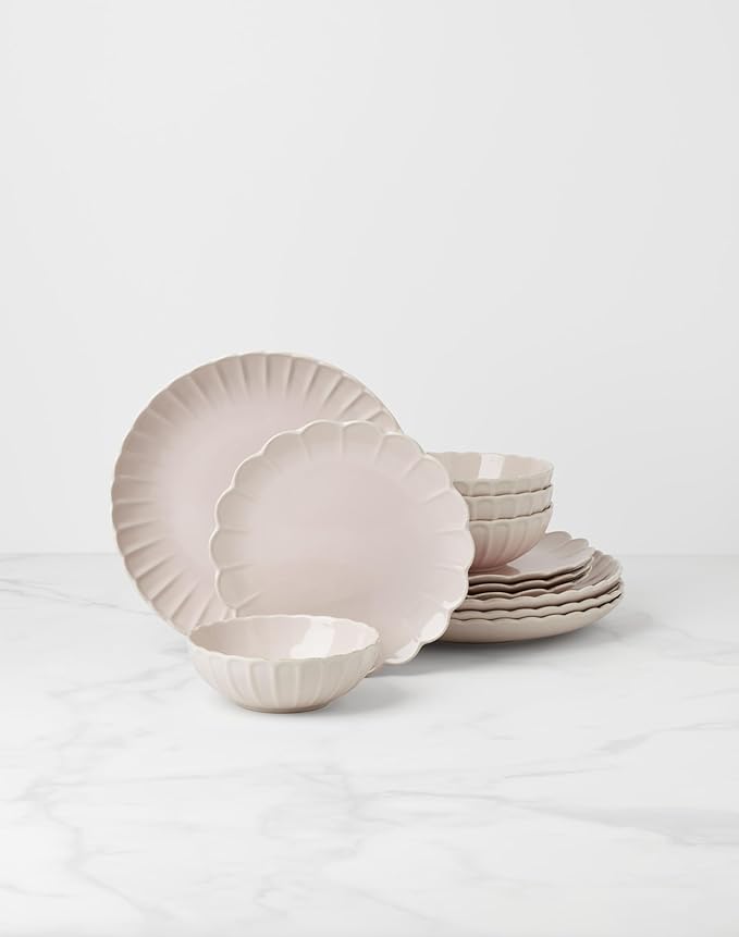 Lenox Dinnerware Set French Perle Scallop Blush 12-Piece Set Service For 4 Stoneware Dishwasher Safe Microwave Safe Plates and Bowls sets Dish Set Plate Set Home And Kitchen (Pink 12 Piece)