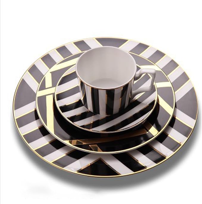 European Style Dinnerware Set Service for 4 Bone China Dinnerware Sets Unbreakable Porcelain Dinner Sets Coffee Cup and Saucer Tableware Set Steak Dinner Plates Dish Set Black and gold