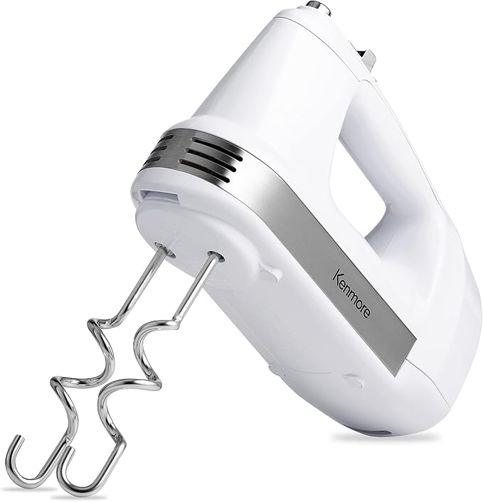 Kenmore 5-Speed Hand Mixer/Blender 250 Watts with Beaters Dough Hooks Liquid Blending Rod Automatic Cord Retract Burst Control and Clip-On Accessory Storage