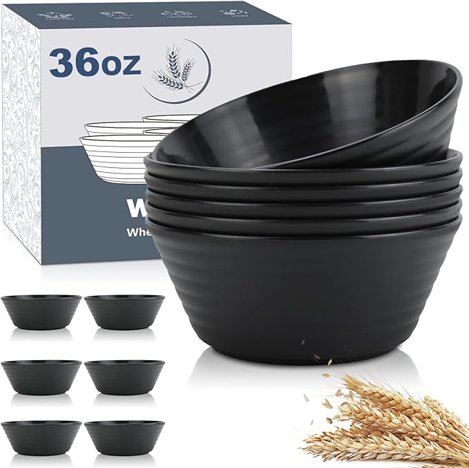 Wrova wheat straw bowls and 10inches plates bundle with cups - unbreakable dinnerware sets of 22 - Black series