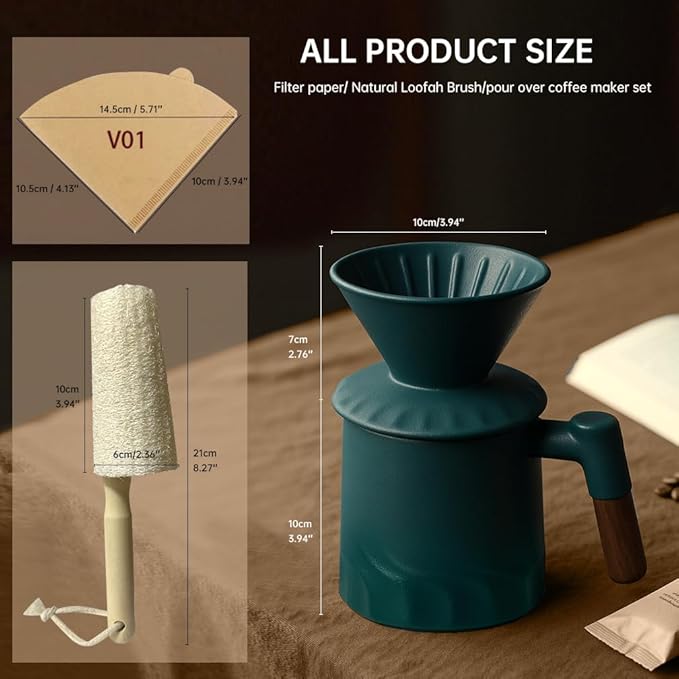 Pour Over Coffee Maker Set Ceramic Pour Over Coffee Dripper 15.5oz/450 ml with 25 Pcs V60 Paper Filter Coffee Pour Over Set for Camping Green