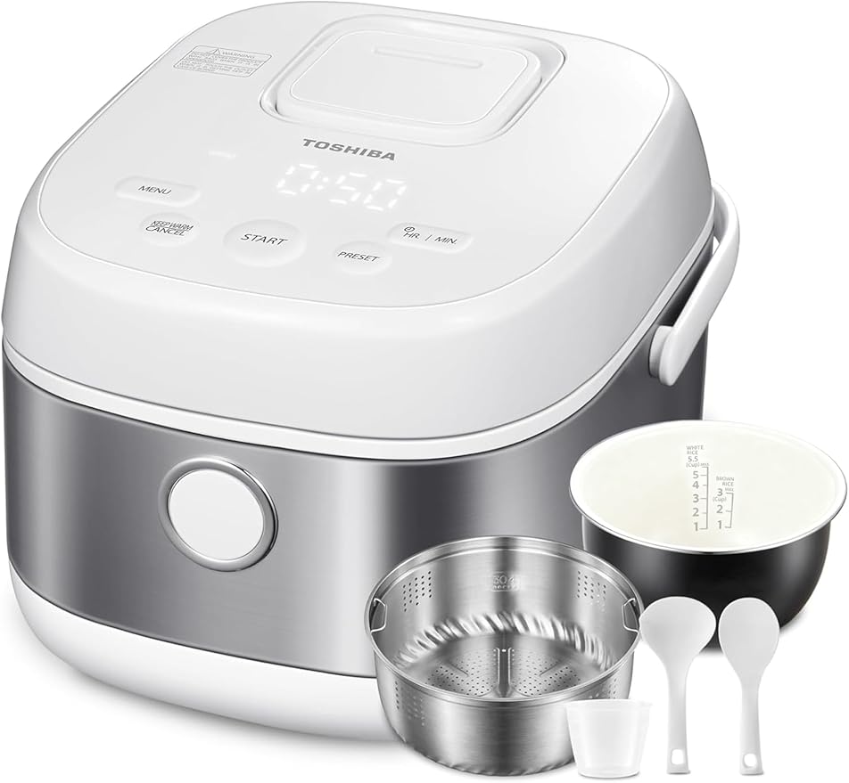 TOSHIBA Induction Heating Rice Cooker - Low Carb Low Sugar Digital Steamer 5.5 Cups (Uncooked) 8 Cooking Functions 24H Timer &amp Auto Keep Warm Silvery white