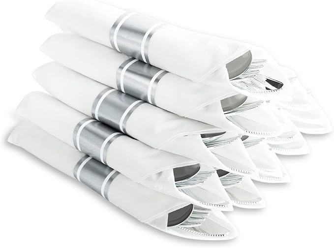 N9R 30 Pack Pre Rolled Silver Plastic Cutlery Set Wrapped Plastic Silverware Set with 30 Forks 30 Knives 30 Spoons and 30 Napkins Disposable Cutlery Set for Party and Wedding