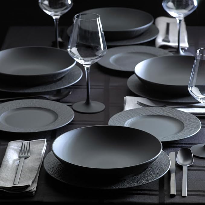 Villeroy &amp Boch Manufacture Rock 12-Piece Dinnerware Set Service for 4 Dinner Plates Salad Plates &amp Pasta Bowls Premium Porcelain Made in Germany Matte Black