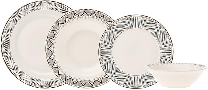 Karaca Globe 24-Piece Dinnerware Set for 6 People - Kitchen Dish Set for Salad Soup Pasta Noodle &amp More - Modern Chic Porcelain Dishware Plate Set (White with Black Triangle Design)
