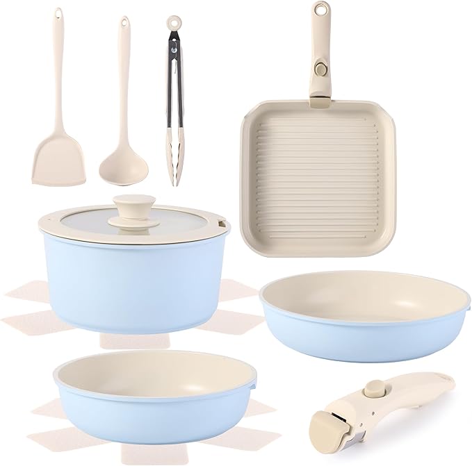 12 PCS Kitchen Cookware Sets with Detachable HandlePots and Pans Sets Non Stick Induction Pan Set for RV CookwareOven Safe PFOA Free（Blue)