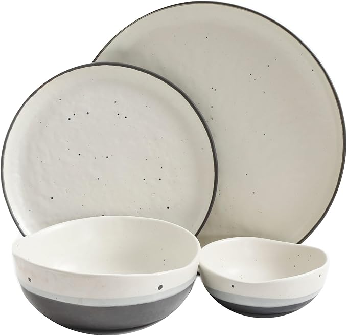 16-Piece Double Bowl Dinnerware Set White Solid Casual Round Stoneware 16 Piece Microwave Safe
