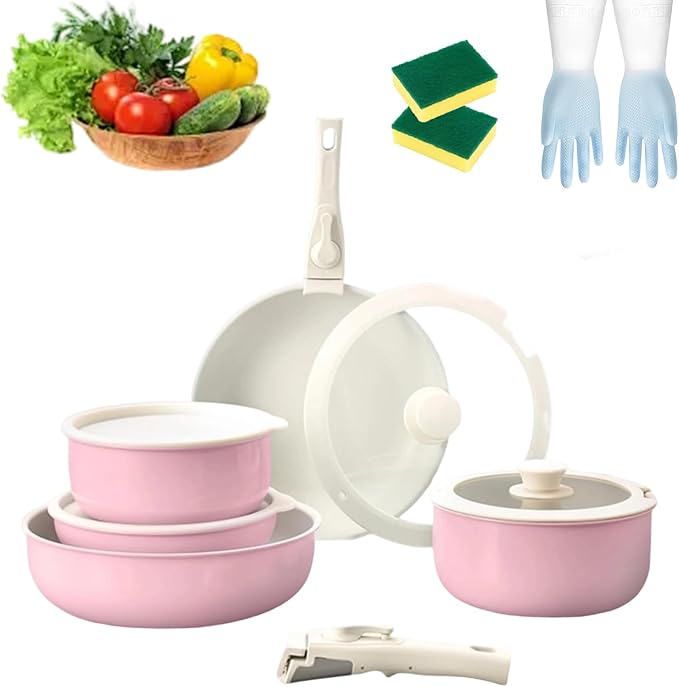 Pots and Pans Sets Non Stick 5/11PCS Ceramic Cookware Sets with Detachable Handle Space-Efficient Dishwasher Nonstick Cooking Set for Kitchen with All Stovetops (Pink-11PCS)